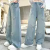 Ropa nueva para niños: jeans suaves para niñas, holgados y estilosos, mezclilla casual para niños mayores, pantalones de pierna recta y pierna curva para estudiantes de secundaria