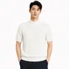 Camiseta de tricô masculina de manga curta com gola alta parcial, estilo old money, top liso de gola média para primavera e outono, camiseta base masculina para usar por baixo