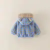 Elegante abrigo suéter forrado de polar para bebés, nuevo top con capucha de dibujos animados para niños de otoño e invierno, abrigo de estilo dulce