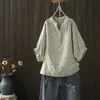 Camisa de Gola V Fresca Estilo Japonês com Manga Morcego de Algodão Gaze Floral de Camada Dupla para Mulheres Verão 2025 Top de Manga Três Quartos