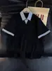 Camisa polo masculina de retalhos com gola xadrez retrô, manga curta, marca da moda 2026, verão, corte solto, top T-shirt tendência do Instagram