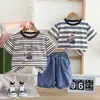 Traje de Verano con Rayas Elegantes y Perro Lindo de Manga Corta para Niños 2025 Nuevo Ropa de Verano para Bebés de 1 a 3 Años
