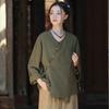 Camisa Versátil de Manga Longa de Algodão e Linho Estilo Retro Artístico Simples Primavera e Outono Novo Top Versátil Novo Estilo Zen Chinês para Mulheres