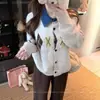 Cardigan suéter de malha com gola polo, retalho de jeans em blocos de cores novas para outono e inverno, padrão losango retrô estilo coreano, casaco feminino