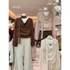 AS OFFICIAL Otoño Elegante Dulce y Atractivo Top de Manga Larga con Patchwork de Encaje y Cuello Volante con Detalle de Cinta 29005
