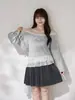 Camiseta de Manga Larga con Encaje y Hombro Descubierto Estilo Coreano Estilo Primavera Talla Grande para Mujer Top Holgado Adelgazante 66023