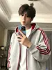 Sudadera con capucha de punto retro americana de tres rayas, para primavera y otoño, tela gruesa y pesada, estilo pareja, ropa deportiva con capucha