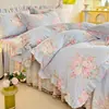 Juego de falda de cama de cuatro piezas 100% algodón con encaje y estampados florales, estilo princesa, para camas individuales y dobles, funda nórdica 1.8m juego estilo falda de cama de algodón puro