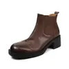Botas Chelsea femininas de couro de primeira camada, botas de cano curto com cor desgastada, novo modelo de outono, botas femininas de couro genuíno com bico redondo, salto médio grosso, botas curtas retrô femininas