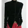 Blusa com Fenda Cincha na Cintura Cor Café Melard Gola Meio Alta Aveludada para Mulheres Outono 2025 Nova Camisa Básica