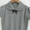 Ropa de Mujer al por Mayor Transfronteriza Estilo Academia Francesa Color Sólido Delgada Solapa Camisa de Punto Camiseta de Manga Corta Nuevo Top de Verano