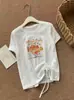 Camiseta de Algodón con Estampado de Cesta y Tacto a Lino para Mujer, Estilo de Nicho a la Moda con Cordón Lateral, Cuello Redondo, Estilo Coreano, Top que Reduce la Edad para Verano