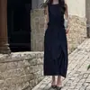 Vestido camisola de alta gama azul marino con tiras retorcidas y cinturón en la cintura, corte holgado, adelgazante, con bolsillos, vestido largo