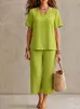 Conjunto de Camisa Casual de Manga Corta con Cuello en V de Color Sólido para Mujer, Transfronterizo Europeo y Americano, con Diseño de Cintura Elástica y Pantalones de Pierna Ancha, Cómodo y Versátil