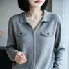 Cardigã de tricô com gola polo e zíper, suéter casaco feminino simples com bolso, peça de base de manga longa com temperamento para sobreposição