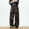 Calça Cargo Camuflada Street Unissex para Casal, Cintura Baixa, Perna Larga, Perna Reta Solta, Lavada, Desgastada, Bolso, Estilo Retrô Americano