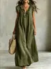 Vestido Largo Casual Estilo Bosque de Comercio Exterior 2026 con Cuello en V Profundo y Mangas Acampanadas, Ropa para Mujer Estilo Vacacional Europeo y Americano de Lino Holgado