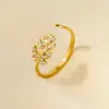 Anel de abertura folha diamante europeu e americano em aço inoxidável 304 feminino vento frio simples banhado a ouro 18k joias atacado