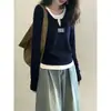 Camiseta de manga larga de dos piezas falsas de diseño vanguardista para mujer, moda Ins, versátil, tacto de alta gama, azul marino, top de algodón puro, otoño