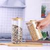 Tapa de Bambú con Pestaña de Apertura Tarro de Almacenamiento de Vidrio Borosilicatado Alto Botella de Almacenamiento de Vidrio Transparente de Rayas Verticales Tarro de Cocina para Granos Té