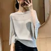 Suave top de punto azul calado para mujer, nuevo estilo de verano, mangas murciélago finas de seda de hielo, top holgado y versátil