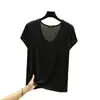 Nueva Camiseta de Modal de Verano con Cuello Ovalado de Manga Corta para Mujer Color Sólido Casual Holgada Aspecto Adelgazante Top Versátil