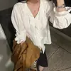 Camisa de Manga Larga con Adorno de Encaje y Volantes Plisados, Estilo Chic Coreano y Francés, para Mujer, para Principios de Primavera y Otoño