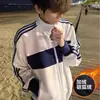 Moletom cardigã retrô estilo americano com três listras coloridas, nova coleção de outono masculina, modelagem solta, esportivo e casual, com gola alta