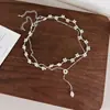 Colar Minimalista com Flor de Pérola Costurada em Corrente Fina de Prata e Pingente de Pérola em Gota, Joia de Pescoço Simples Longa Ajustável em Camadas