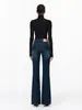 Jeans feminino azul-acinzentado estilo vintage/ levemente flare cintura alta, stretch em quatro direções, corte slim, levanta bumbum, 26 novo modelo de outono, efeito emagrecedor