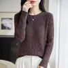 Suéter retro de tricô trançado com lantejoulas e gola redonda para mulheres, suéter canelado de fio floral para outono e inverno, blusa de manga longa solta elegante para usar como base