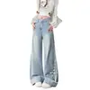 Chao Li tiene en stock jeans de pierna ancha con puños de color azul claro para mujer, estilo de verano delgado con moños, pantalones largos adelgazantes y fluidos.
