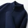 Suéter de Lã Gola Alta Meio Zíper 100% Lã Merino Masculino Outono Inverno Espesso Cor Sólida Tricô Suéter Camada de Base Masculina