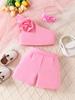 Verão Europeu e Americano Infantil Top Multicor com Ombro Caído e Flor Tridimensional Shorts Faixa de Cabelo Conjunto da Moda para Meninas