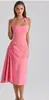 Vestido midi plisado cruzado de primavera europeo y americano, corte ajustado, cuello halter, fruncido en la cintura, sin espalda, para mujer, estilo ligeramente maduro