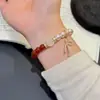 Pulsera Exquisita de Estilo Lujo Ligero de Cristal Blanco Transparente con Cinta, Agata Roja Natural Ensamblada con Perlas Swarovski para Mujer, Pulsera de Alta Gama