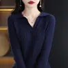 Camiseta de punto básica con cuello polo de algodón puro de manga tres cuartos, nuevo diseño de otoño e invierno, color liso, patrón de gofre, ropa interior 100% algodón