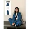 OOTD de otoño estilo coreano nuevo atuendo: conjunto de tres piezas de sudadera, chaqueta y pantalones, traje deportivo casual azul para mujer