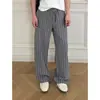 Calça casual masculina de cintura elástica, corte A, com listras verticais, fina para o verão, estilo preguiçoso de férias, calça longa de perna larga reta com caimento.