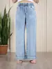 Calça Jeans Solta Wide-Leg com Cintura Elástica para Mulheres, Calça Reta com Cintura Elástica Ajustável por Cordão, Jeans Feminino Plus Size com Barra Desfiada