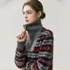Suéter de cachemira elegante y artístico para mujer, estilo retro, para otoño e invierno, con diseño engrosado, cuello alto, cremallera y patrón de jacquard.