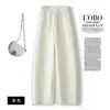 Calça Feminina Branca-Cinza de Cintura Alta com Corte Curvo, Novo Estilo Verão 2026, Simples Casual com Cordão, Solta, Versátil, Calça Casual