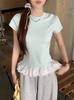 Foto Real de T-shirt Top de Manga Curta Colorido Doce com Renda em Patchwork Estilo Ballet Elegante Estilo Coreano para Mulheres 81149