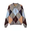 Suéter de punto con patrón de rombos en bloques de color estilo universitario, cuello polo, para mujer, nuevo de otoño, suéter casual holgado 9598171