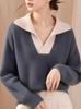 Suéter de punto gris con cuello semiabierto y contraste de color para mujer, otoño e invierno 2024, nuevo, de alta gama, súper bonito, suave y con solapa encerada.