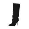 Botas femininas de primavera/outono com estampa de leopardo, zíper lateral, salto alto fino plissado, estilo europeu e americano, modernas e versáteis