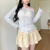 Traje de Banho Duas Peças com Saia Bufante de Bolinhas Doce para Mulheres, Saída de Praia de Manga Longa, Conjunto de Biquíni de Quatro Peças, Roupa de Banho Conservadora que Cobre o Corpo