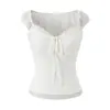 Camiseta Cuadrada Blanca para Mujer, Nuevo Estilo Verano 2026, Empalme de Encaje, Atado, Prendas de Abrigo Sexy, Corte Ajustado, Top Corto sin Mangas