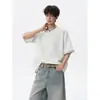 Camiseta de manga corta con cuello redondo de peso pesado y diseño bicolor para hombre, top tipo suéter holgado de verano, camiseta casual americana de media manga
