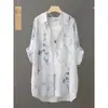 Estilo sin arrugas, sin planchar, camisa de protección solar elegante de verano con estampado de pintura a tinta, chaqueta tipo camisa para mujer, top tipo camisa de longitud media